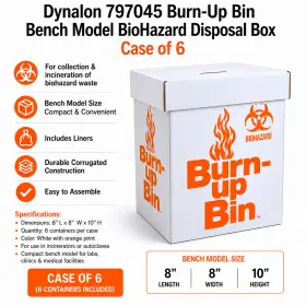 797045 Dynalon Burn-up Bin Bench Model Biohazard Disposal Box 8x8x10 Case Of 6