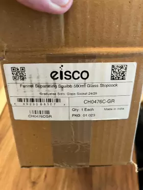 Ch0476cgr Eisco Squibb Separating Funnel 500ml - 24/29 Plastic Stopper Glass Key Stopcock #2