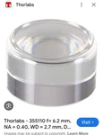 Thorlabs 355110-B Aspheric Lens 6.2MM Focal Length 0.40 Na Optic Fiber Coupling. Fixed Price $69.00.
