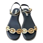 Karl Lagerfeld Paris Gage Black Leather Gold Chain Link T-strap Sandals Size 8M. Fixed Price $38.00.