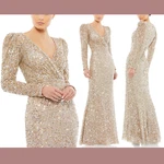 NWT$498 Mac Duggal 10 V Neck Puff Shoulder Sequined Surplice Gown Gold G1518. Fixed Price $265.99.